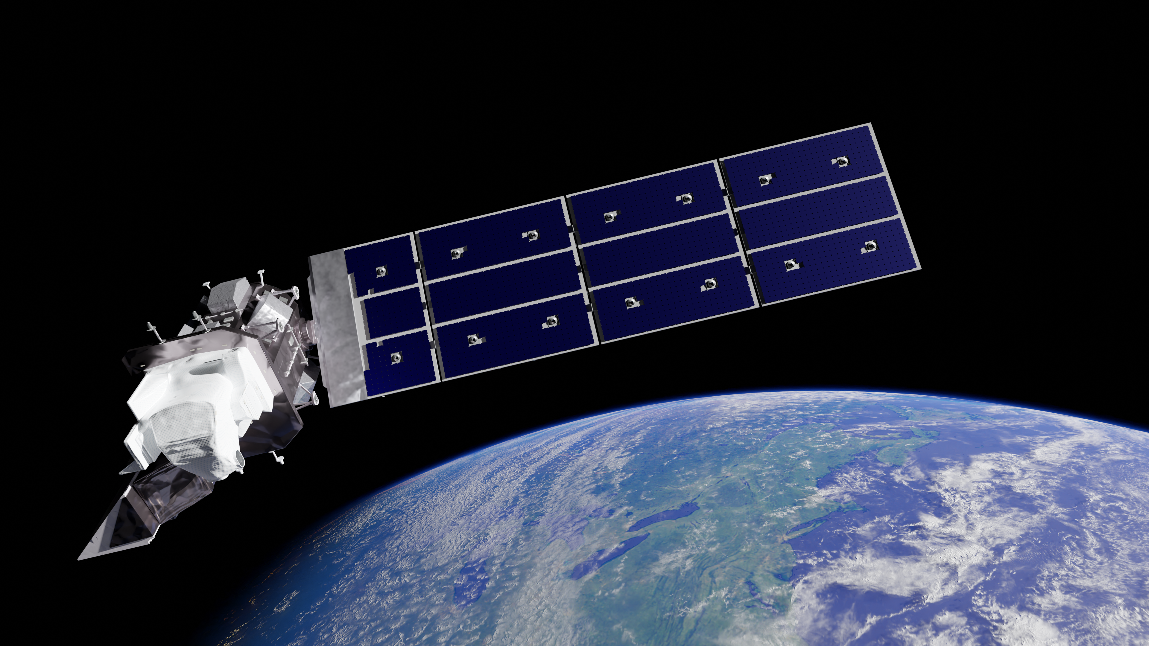 Landsat 9 satellite flying over the curve of Earth